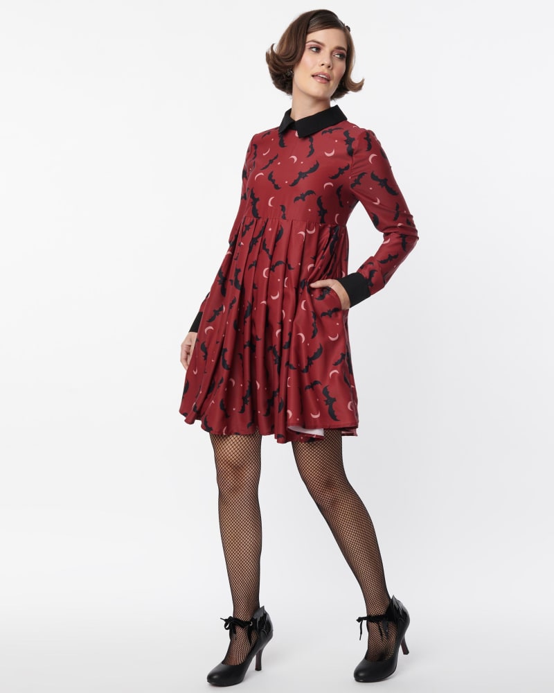 Front of a model wearing a size XL Unique Vintage Burgundy & Black Bats Baby Doll Dress in Red by Unique Vintage. | dia_product_style_image_id:310205